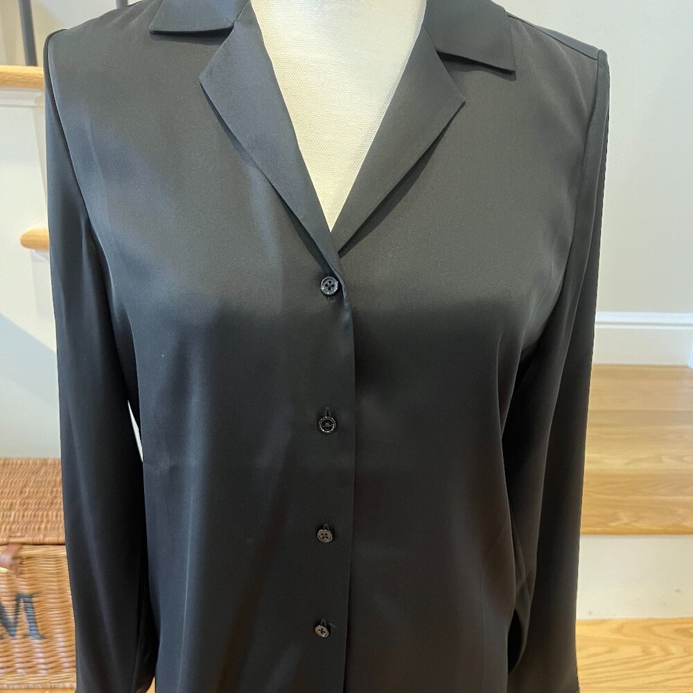 Quince Washable Stretch Silk Notch Collar Blouse in Black, Size Small